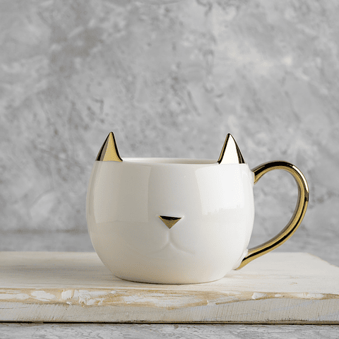 Tazón gato con asa dorada (Blanco)