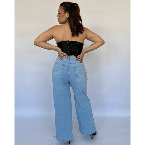 RECTO CELESTE BRILLOS LATERALES NEGRO Y PLATEADO #32