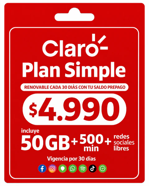 CHIP PLAN  SIMPLE CLARO 50 GB 500 MINUTOS 