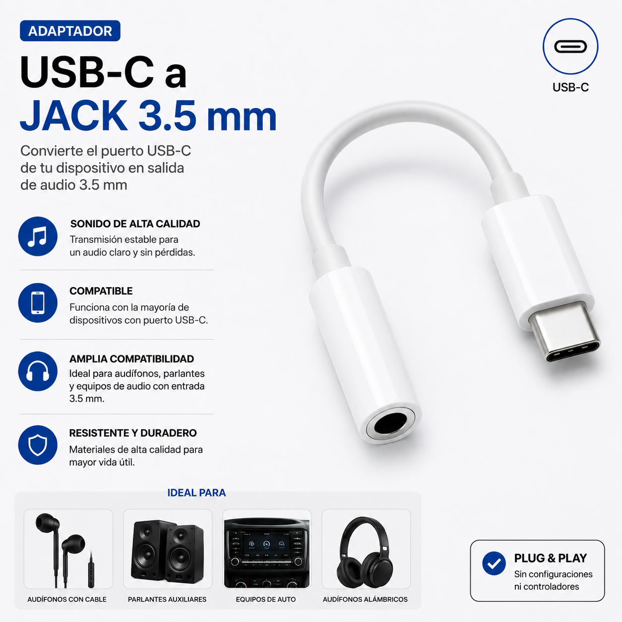 Adaptador Genérico Audio Jack 3.5 a Tipo C negro