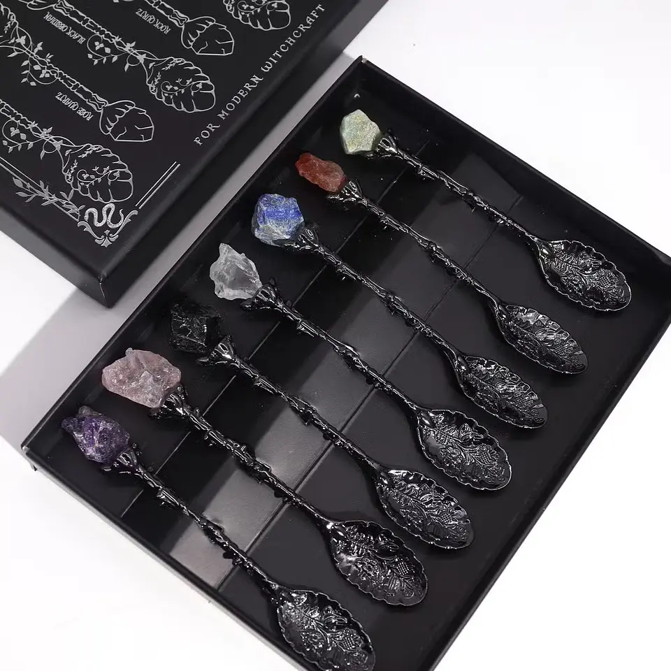 Conjunto de 7 Colheres com Pedras Naturais - Prateado Escuro 2