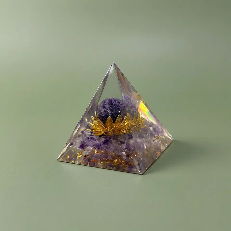 Pirâmide de Orgonite de Ametista com Flor de Lótus – Meditação e Calma 1