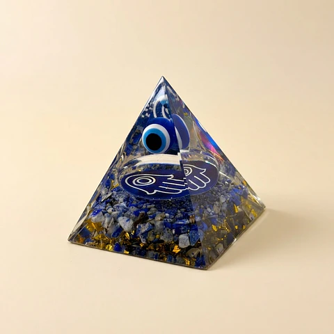 Pirâmide de Orgonite Mão de Fátima e Olho Turco – Proteção do Lar