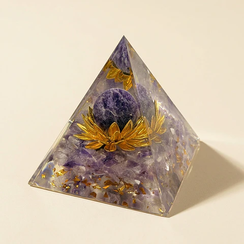Pirâmide de Orgonite de Ametista com Flor de Lótus – Meditação e Calma