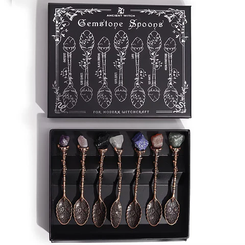 Conjunto de 7 Colheres de Bronze com Pedras Naturais – Rituais e Intenções