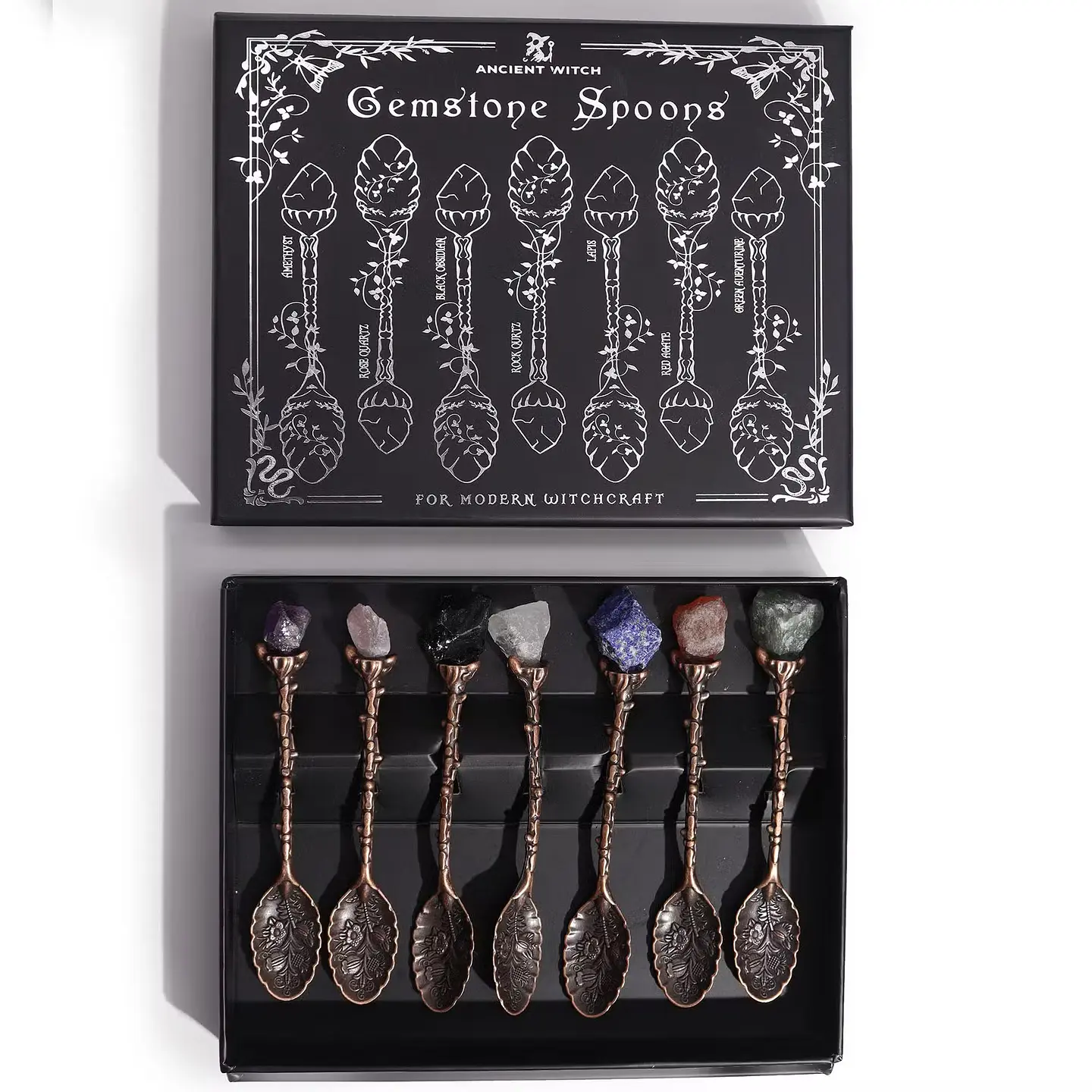 Conjunto de 7 Colheres de Bronze com Pedras Naturais – Rituais e Intenções 1