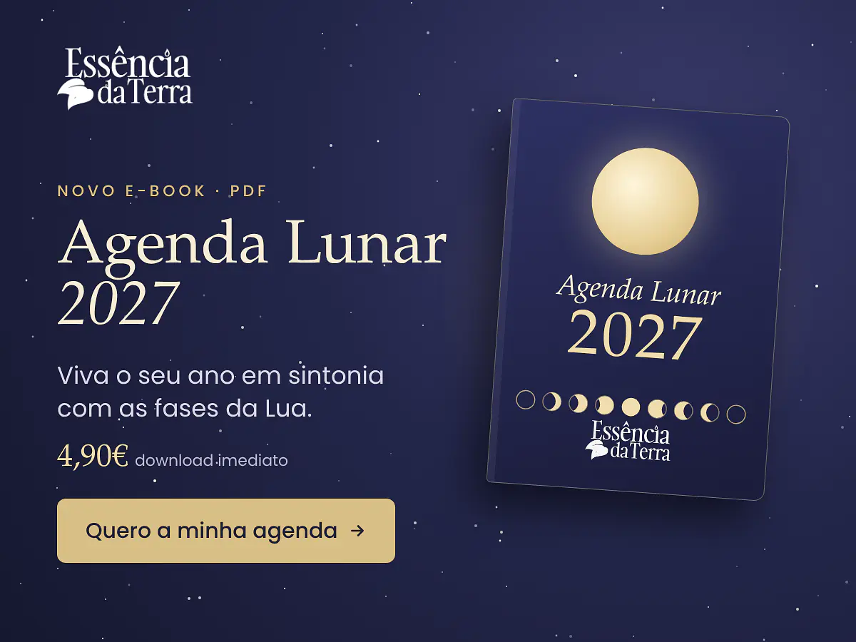 Capa do e-book Agenda Lunar 2027 em PDF, num céu noturno estrelado, com as fases da Lua – disponível por 4,90€ na Essência da Terra