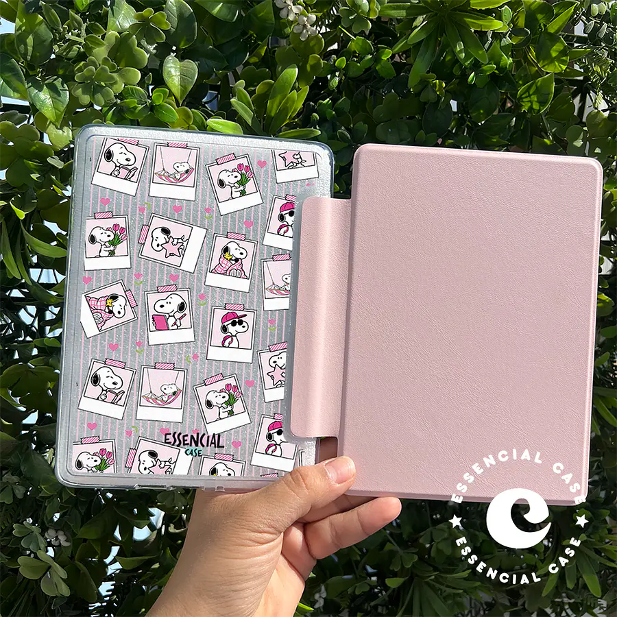 Carcasa KINDLE transparente con tapa diseño snoopy cuadros rosa