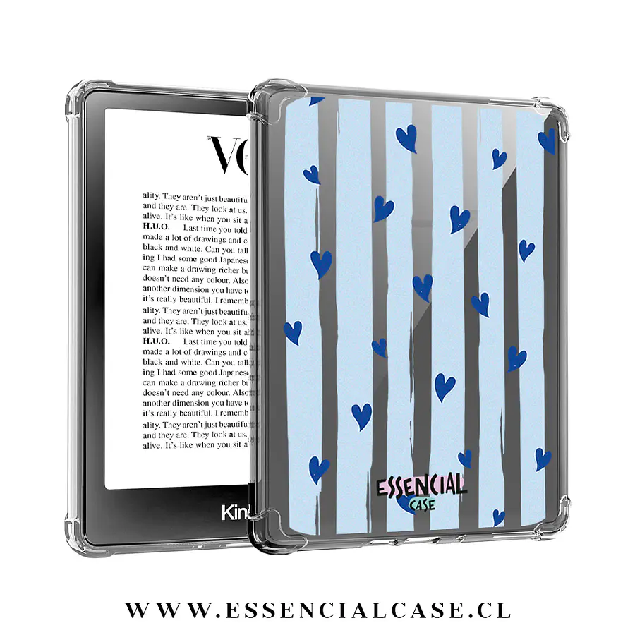 Carcasa transparente Kindle - Kobo diseño corazones lineas azules