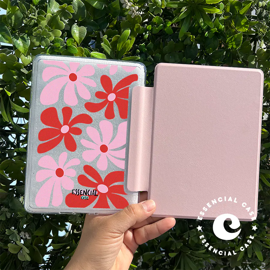 Carcasa KINDLE transparente con tapa diseño flores roja y rosa