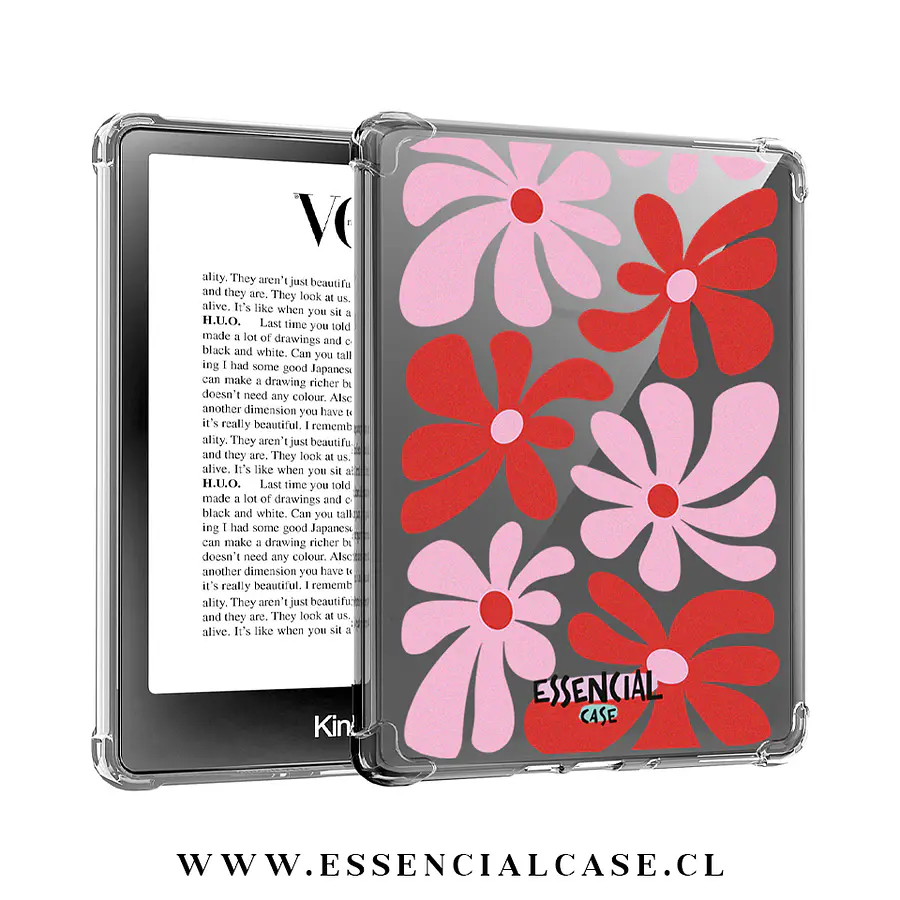 Carcasa transparente Kindle - Kobo diseño flores roja y rosa 