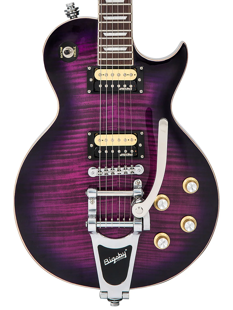 Guitarra eléctrica vintage V100 reeditada con Bigsby ~ Flamed Purpleburst 3