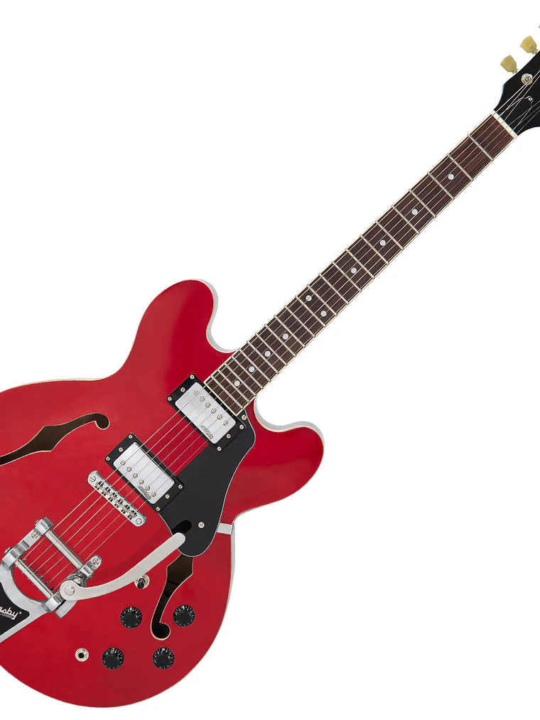 Vintage VSA500B Reeditado Guitarra semiacústica con Bigsby ~ Cherry Red 1