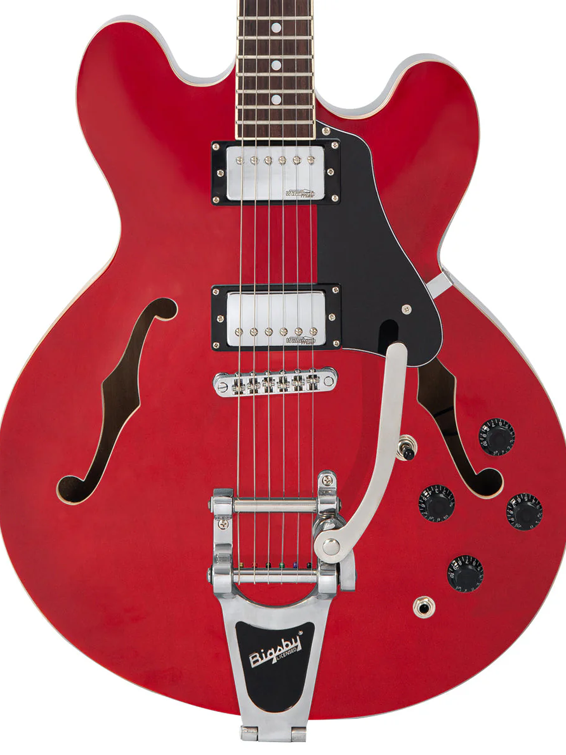 Vintage VSA500B Reeditado Guitarra semiacústica con Bigsby ~ Cherry Red 2
