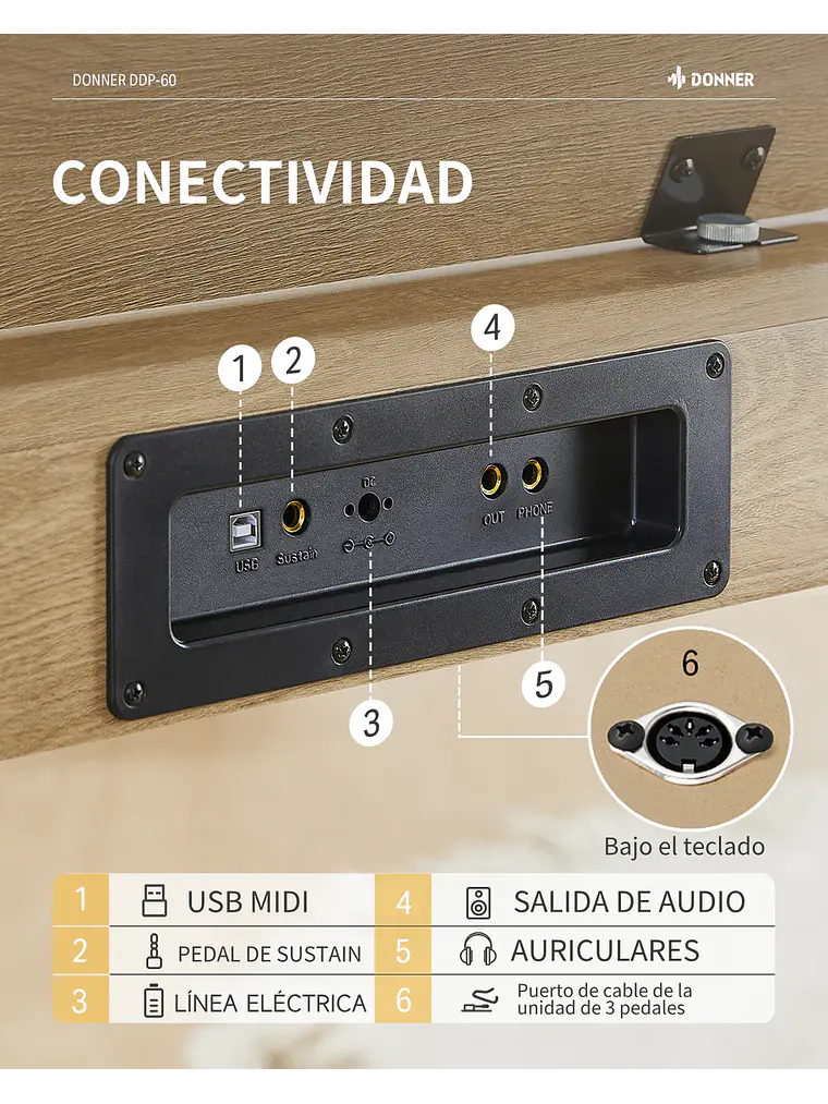 Donner DDP-60 Piano digital con teclado semi-pesado-NAT 8