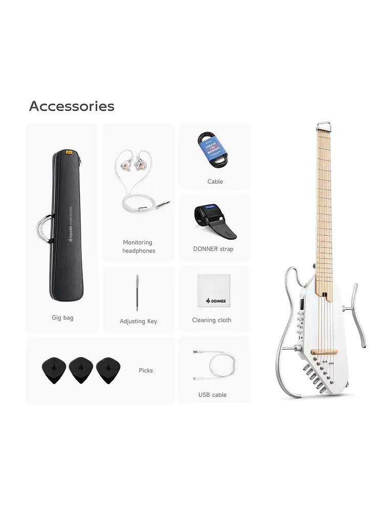 Donner HUSH™ I PRO Guitarra de viaje WHITE 2