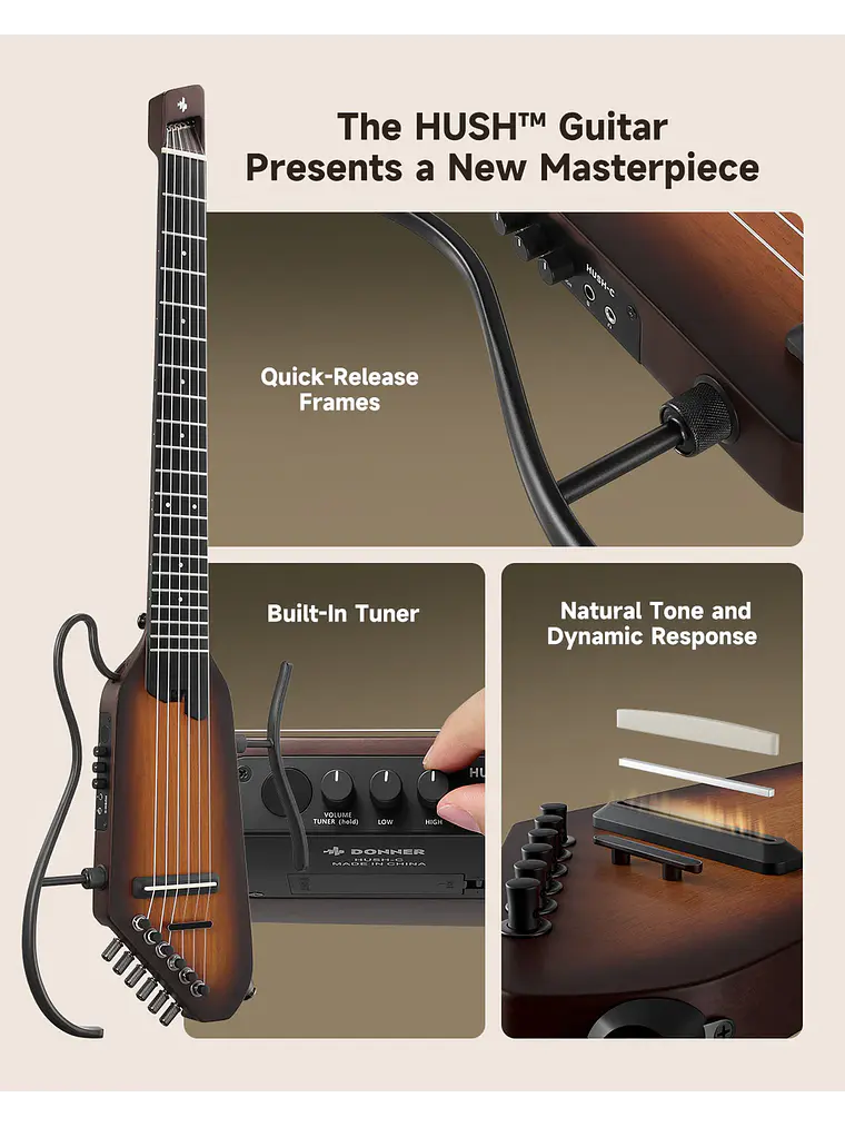 Guitarra electroacústica Donner HUSH™ C de nylon SUNBURST 21