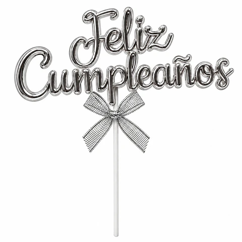 Topper para pastel Feliz cumpleaños plateado