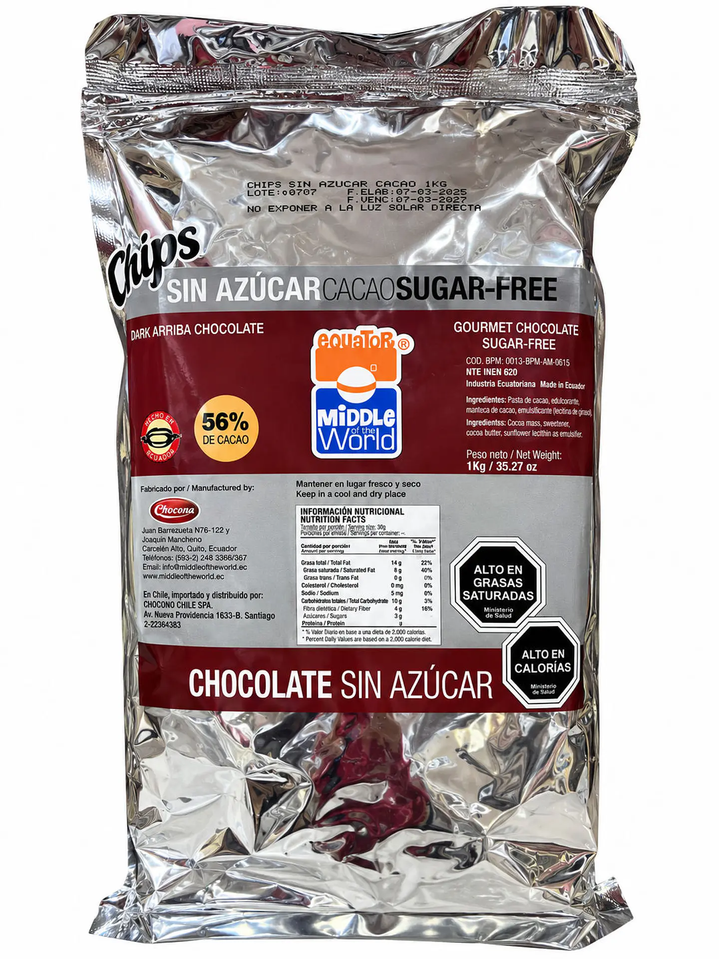 Chips de Chocolate Sin Azúcar 56% Cacao Middle World 1 kg 1