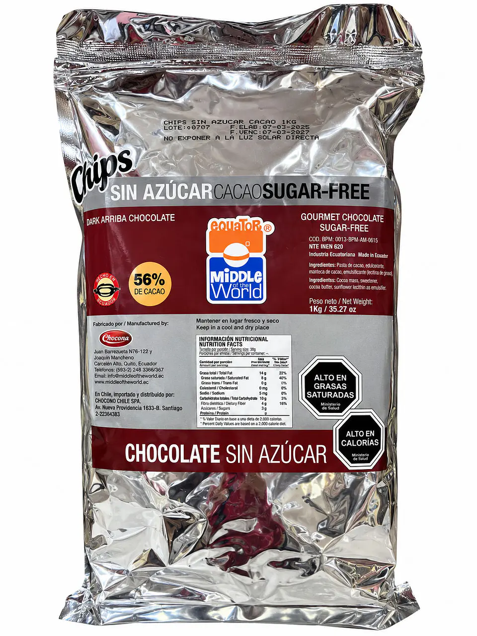Chips de Chocolate Sin Azúcar 56% Cacao Middle World 1 kg 1