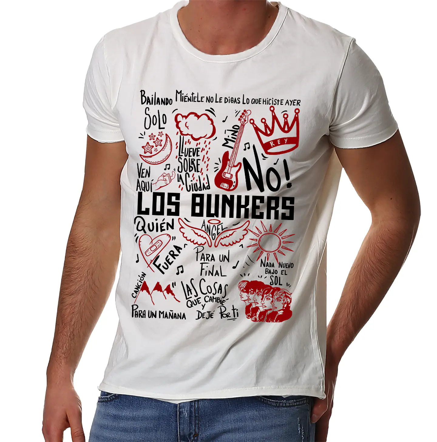 Polera Los Bunkers - Temazos Rojo/Oscuro (Blanco) | Indie Rock 1