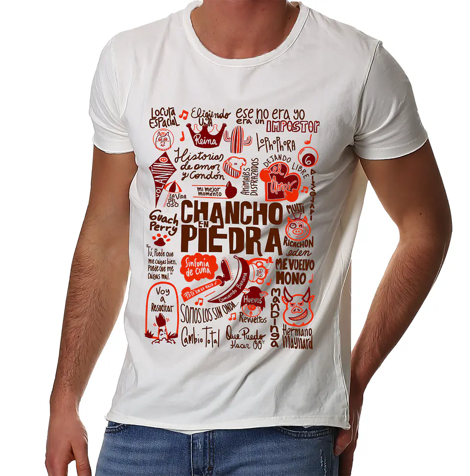 Polera Chancho en Piedra - Temazos Cafe/Rojo (Blanco) | Música 1