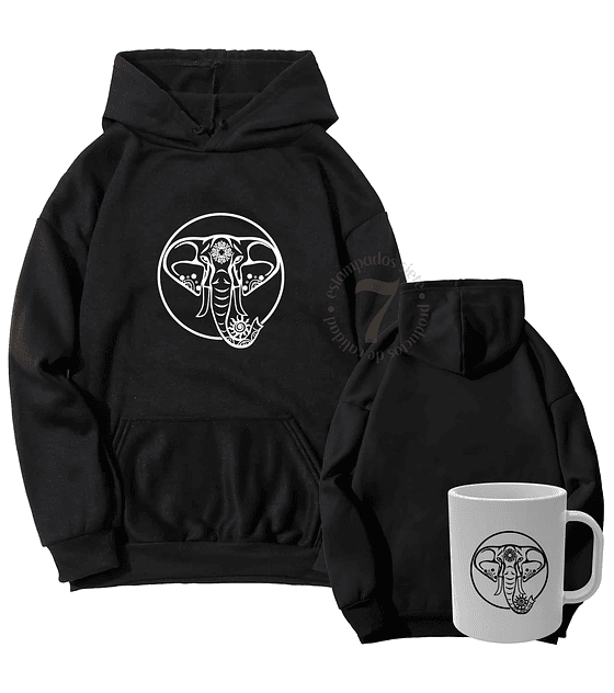 Poleron Canguro Mandala de Elefante Con Taza