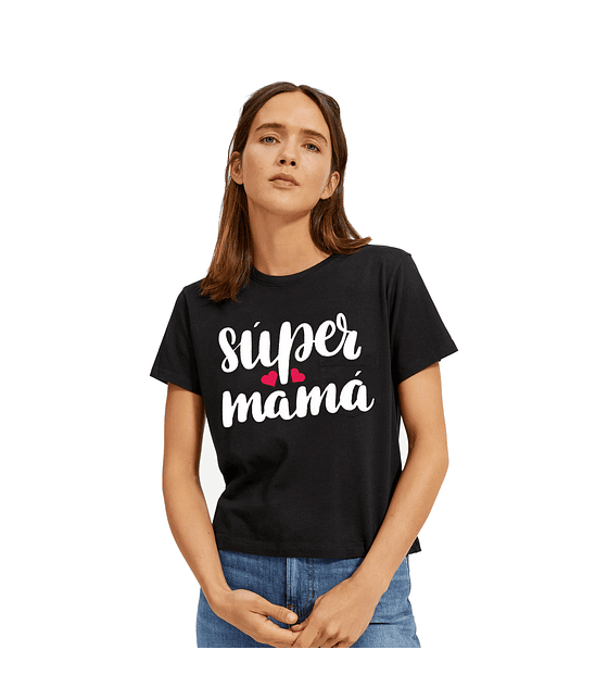 Polera Manga Corta madre Super mama con corazones