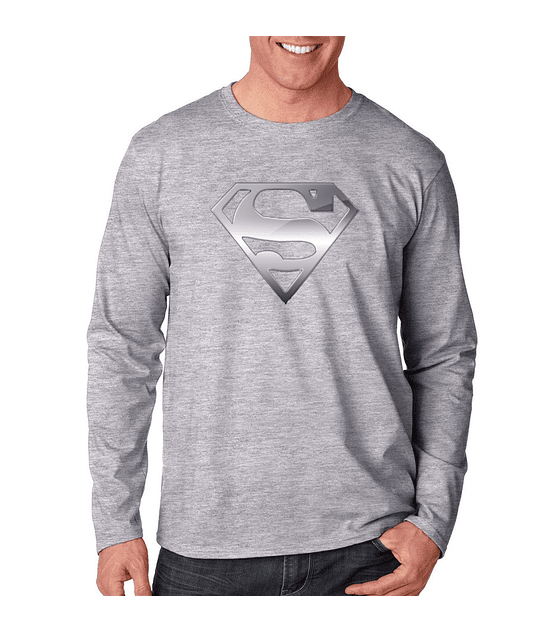 Polera Manga Larga De Hombre Superman Logo Plateado