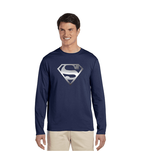 Polera Manga Larga De Hombre Superman Logo Plateado