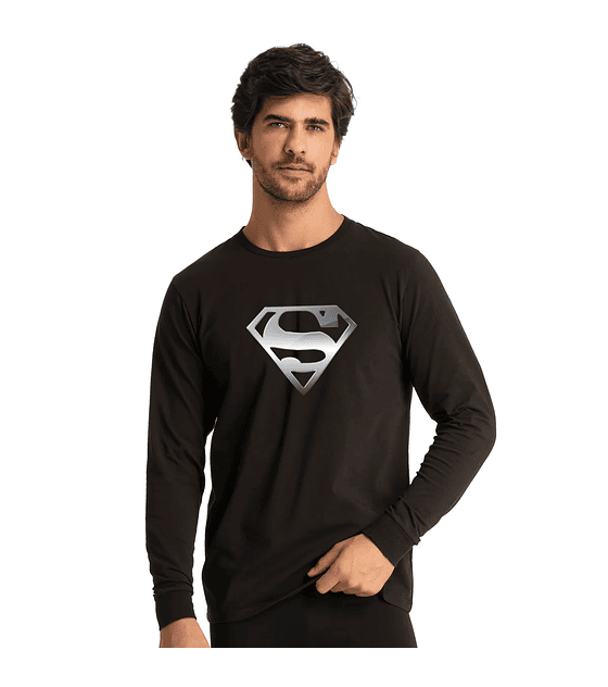 Polera Manga Larga De Hombre Superman Logo Plateado