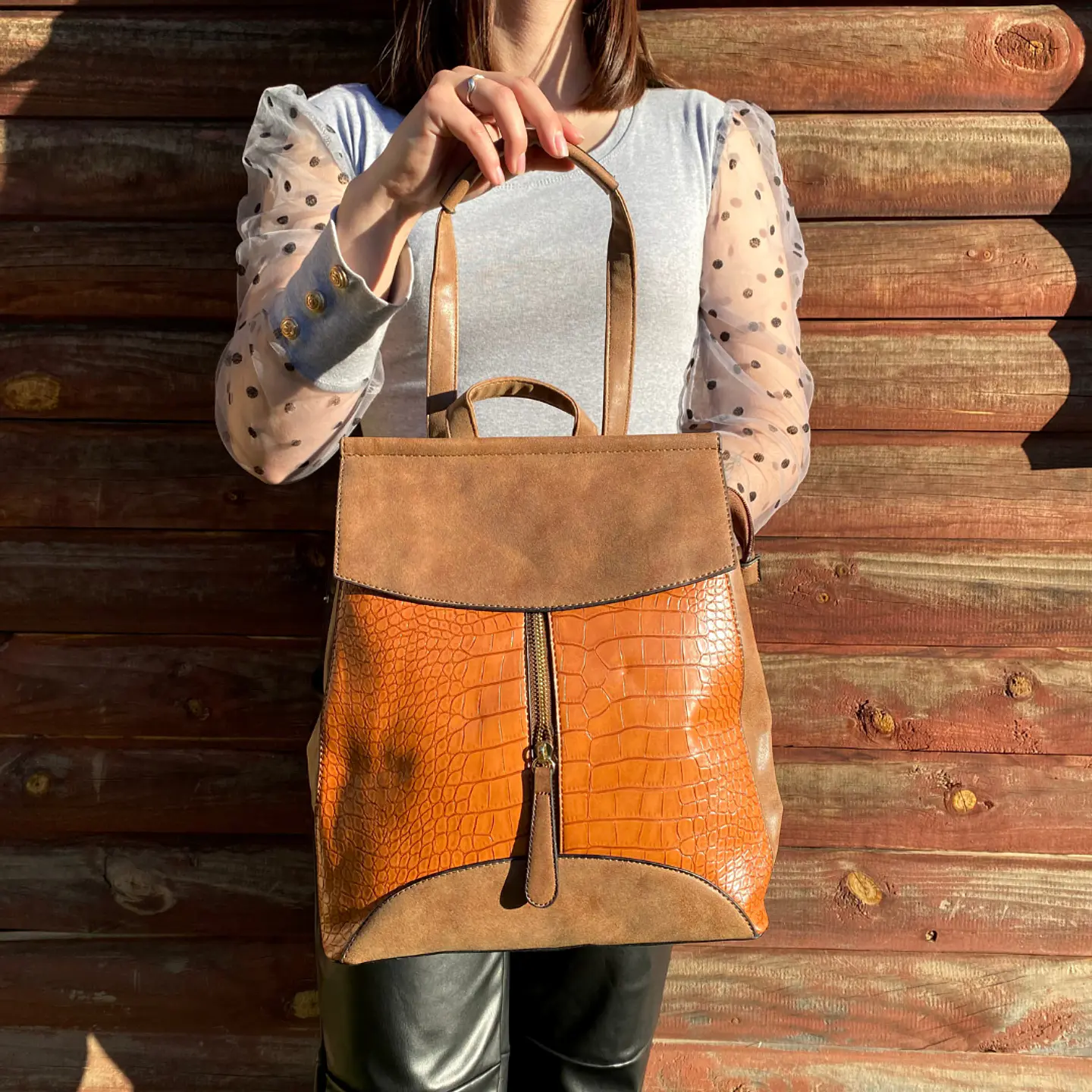 Mochila y Cartera Eco Cuero Café 3