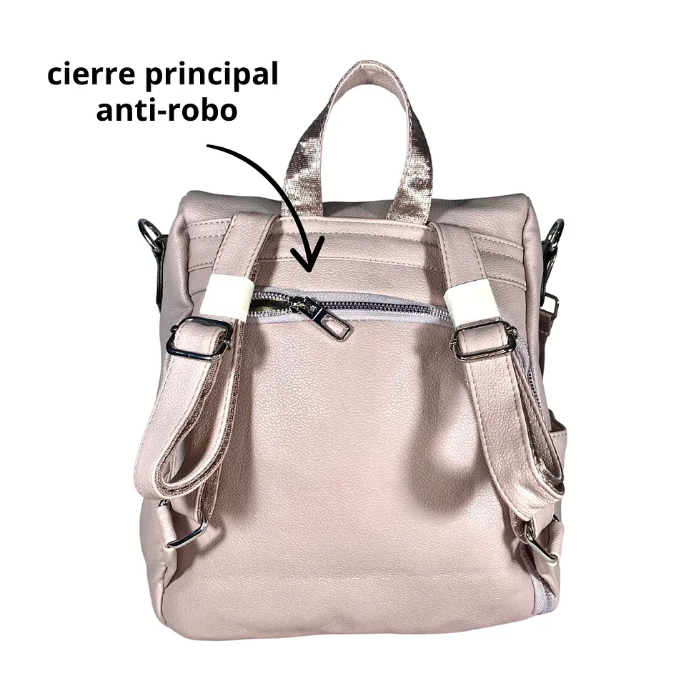 Mochila y Cartera Eco Cuero Rosa anti-robo 6