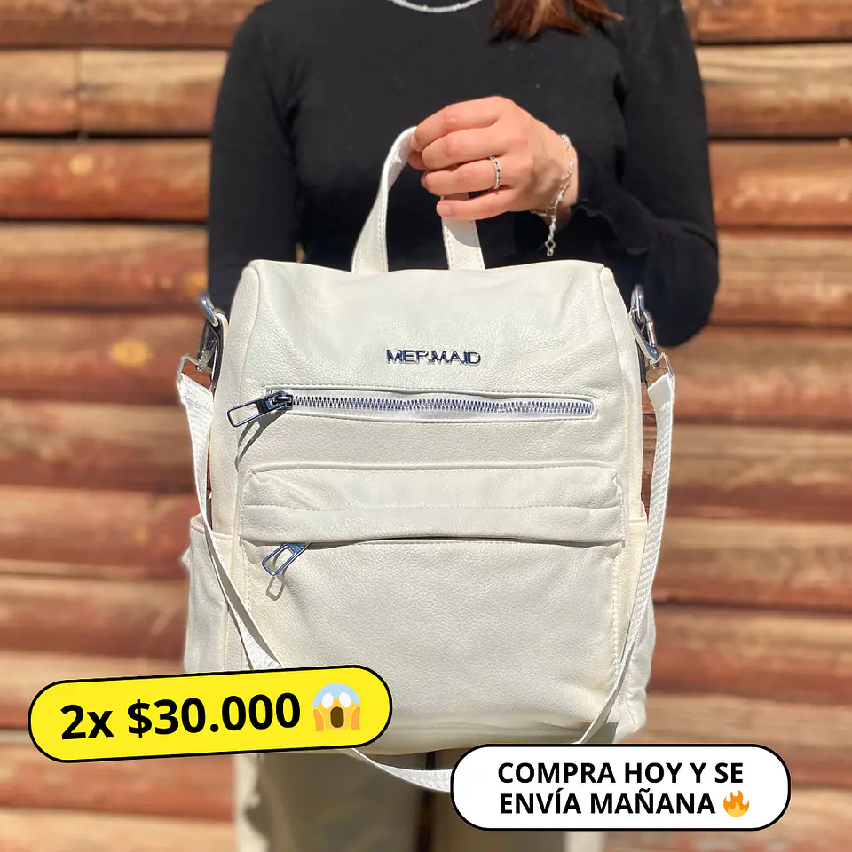Mochila y Cartera Eco Cuero Blanca anti-robo 1