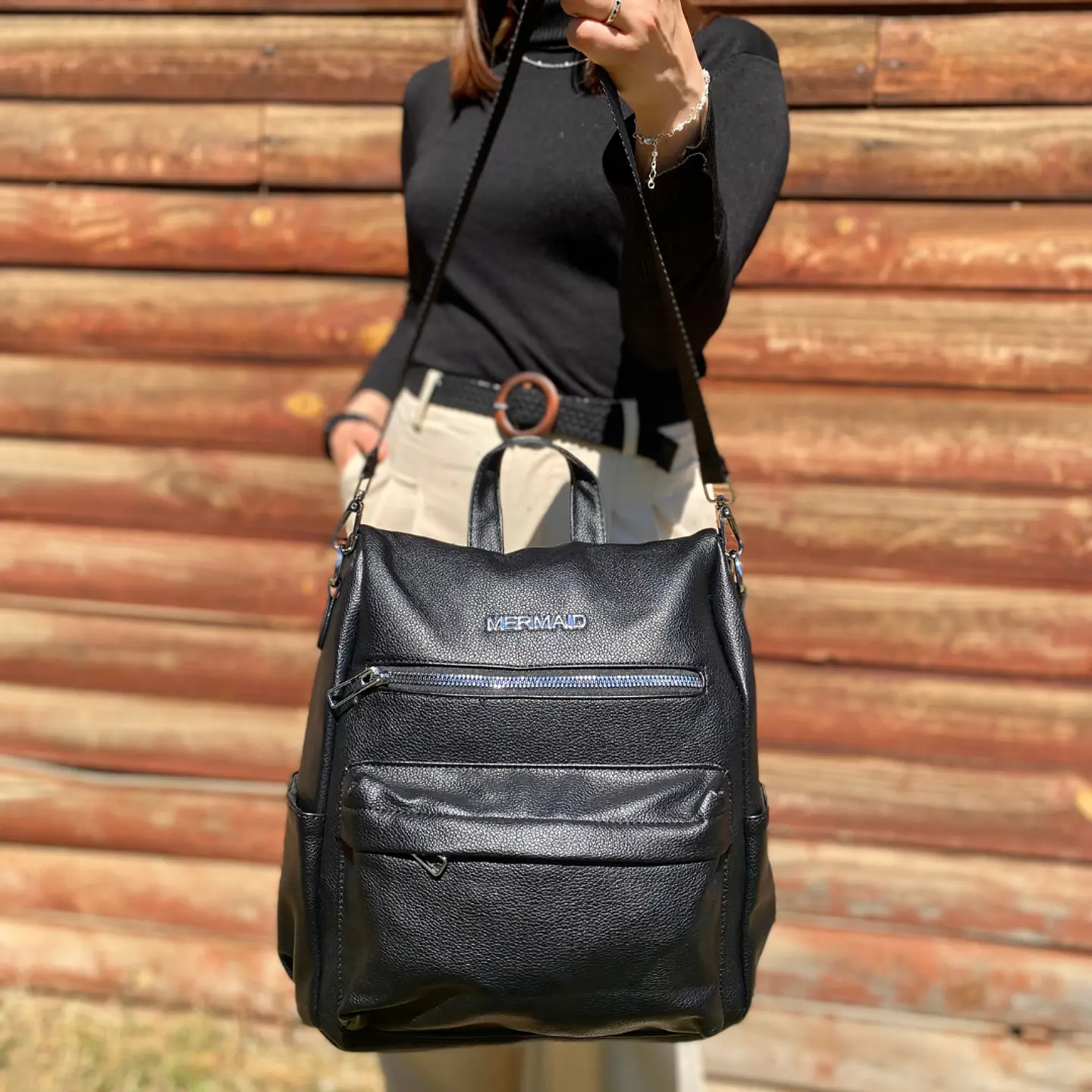 Mochila y Cartera Eco Cuero Negro anti-robo 2