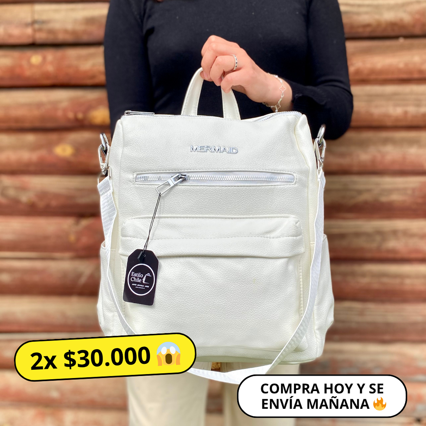 Mochila y Cartera Eco Cuero Blanca  1