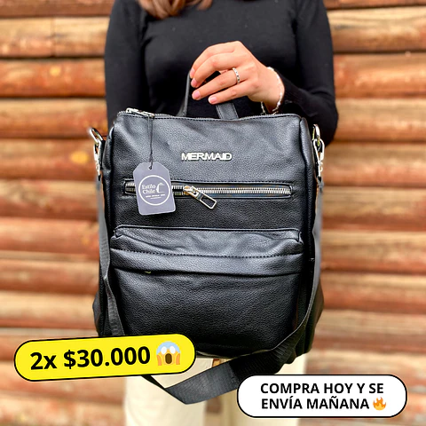 Mochila y Cartera Eco Cuero Negra 1