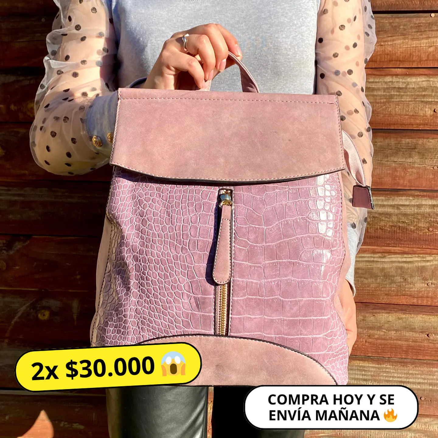 Mochila y Cartera Eco Cuero Rosa 1