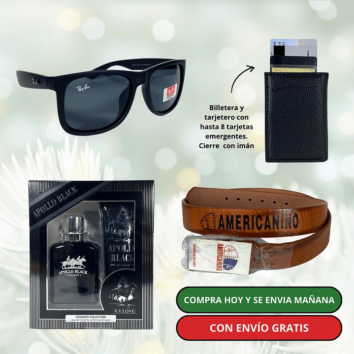 Pack 4 Hombre:  Lentes de Sol + Billetera Viral + Pack Polo + Cinturón + Envío Gratis 🔥 5