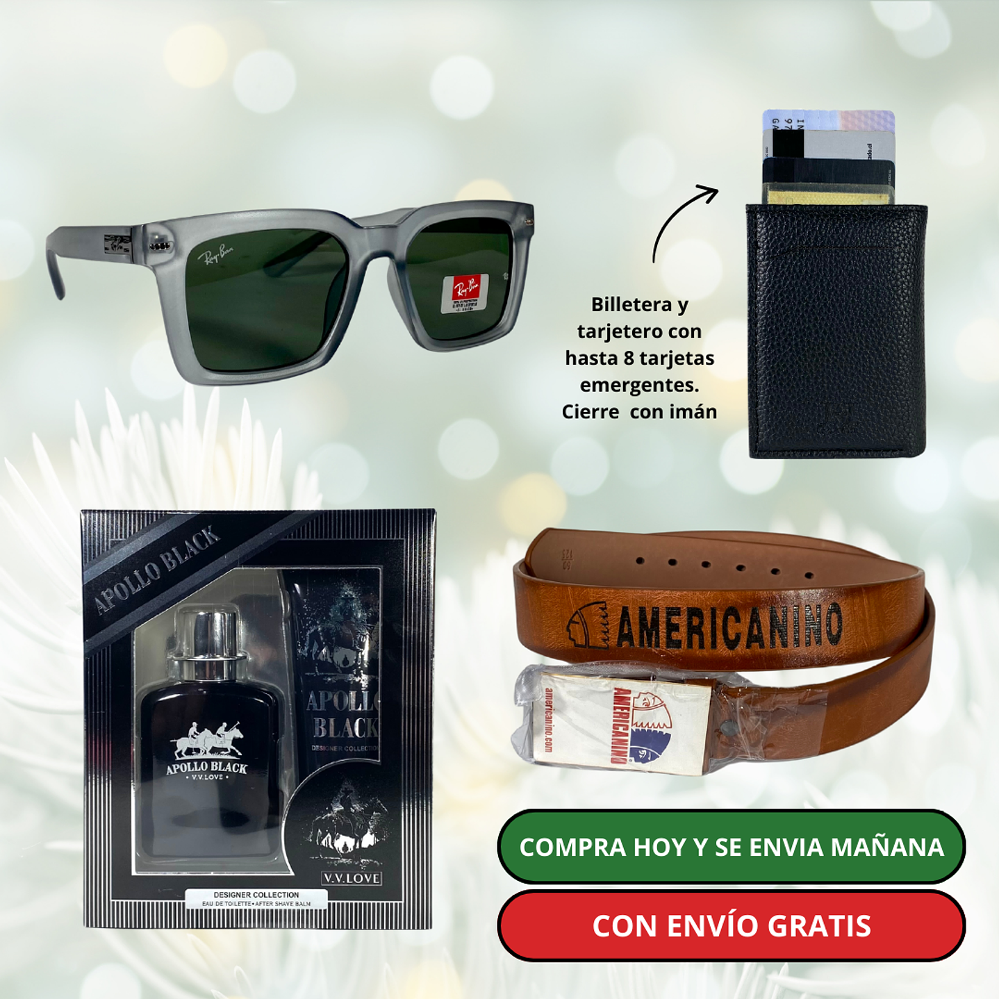 Pack 4 Hombre:  Lentes de Sol + Billetera Viral + Pack Polo + Cinturón + Envío Gratis 🔥 4