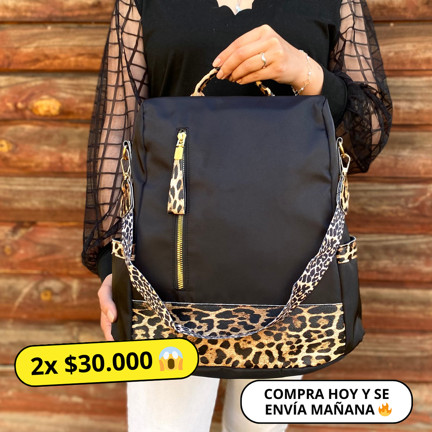 Mochila y Cartera Animal Print Negra antirrobo 1