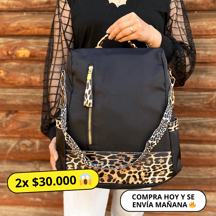 Mochila y Cartera Animal Print Negra antirrobo 1