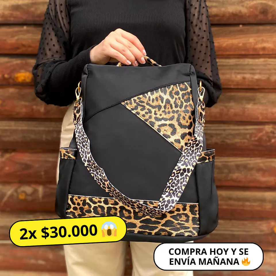 Mochila y Cartera Animal Print Negra antirrobo 1