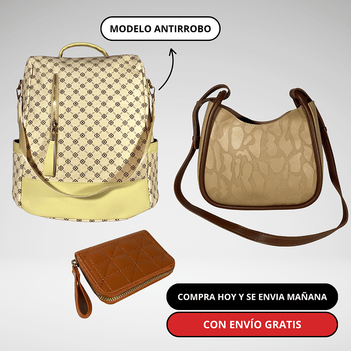 Pack Mujer: Mochila Antirrobo + Cartera + Billetera + Envío Gratis🔥 2