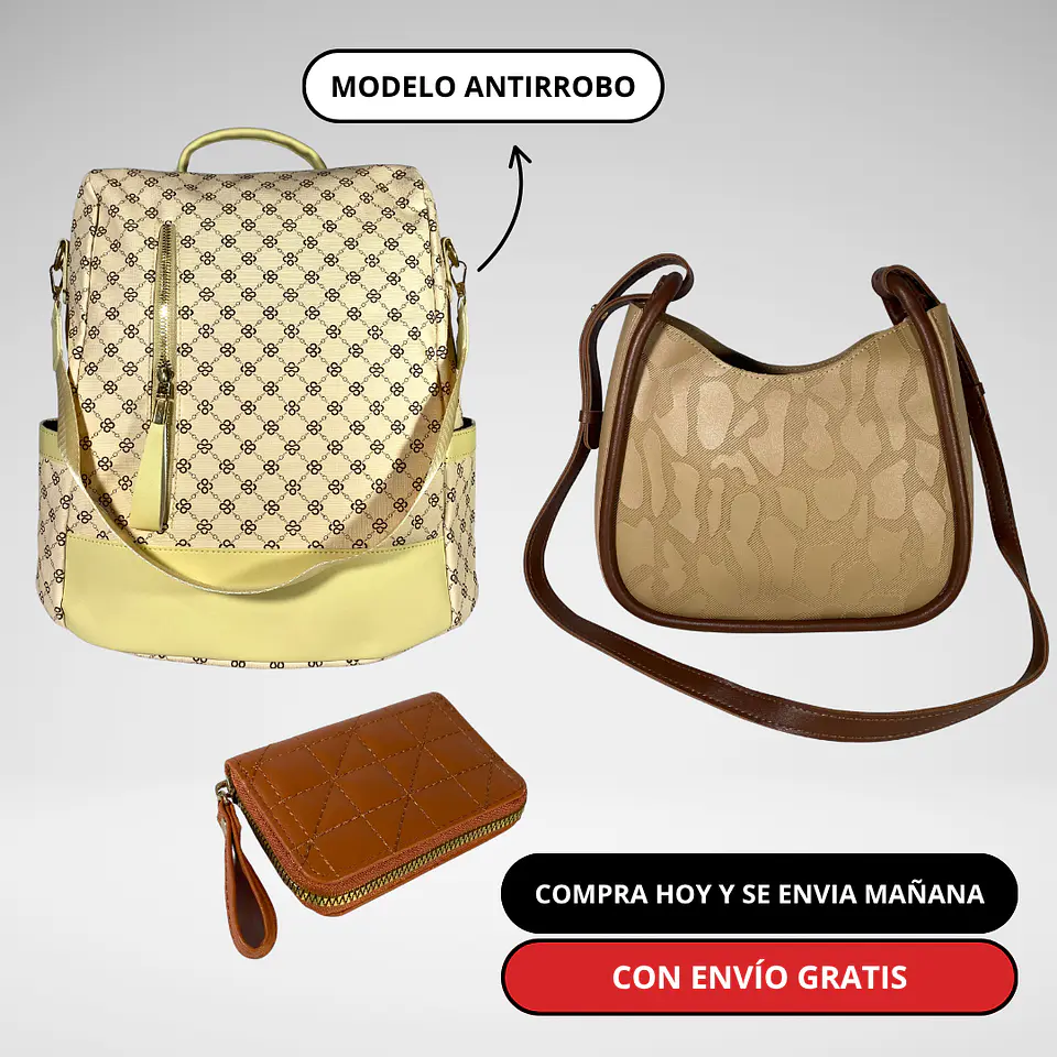 Pack Día de la Mamá: Mochila Antirrobo + Cartera + Billetera + Envío Gratis🔥 3