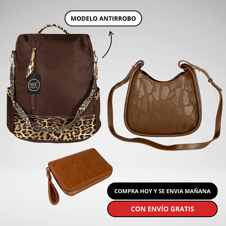 Pack Mujer: Mochila Antirrobo + Cartera + Billetera + Envío Gratis🔥 3