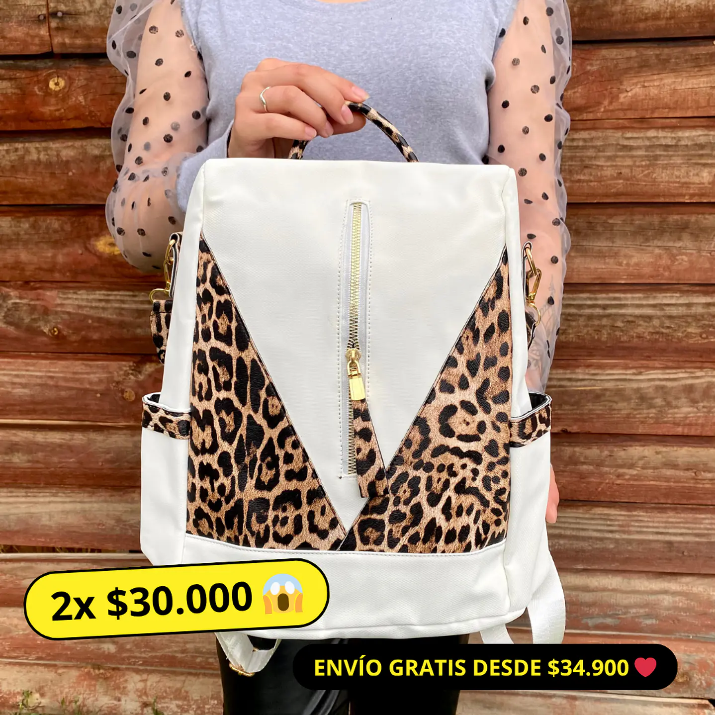 Mochila y Cartera Animal Print Blanca Antirrobo 1