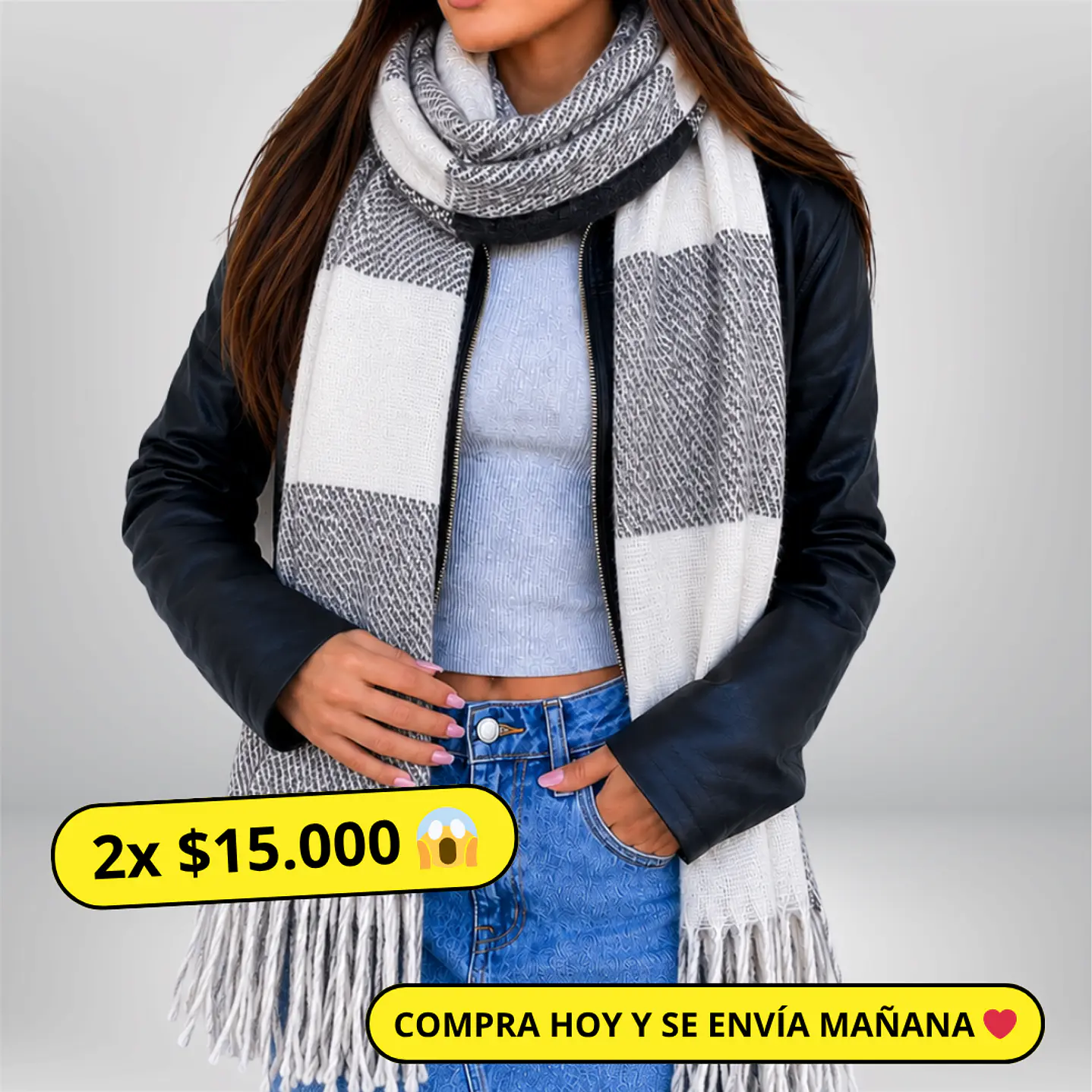 Maxi Bufanda cuadros gris-blanco 1