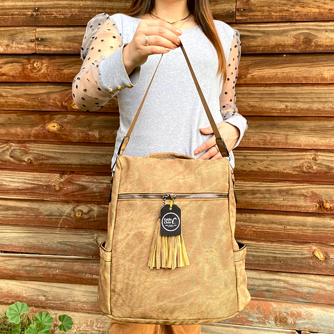 Mochila y Cartera Antirrobo de Jeans Café Mujer 6