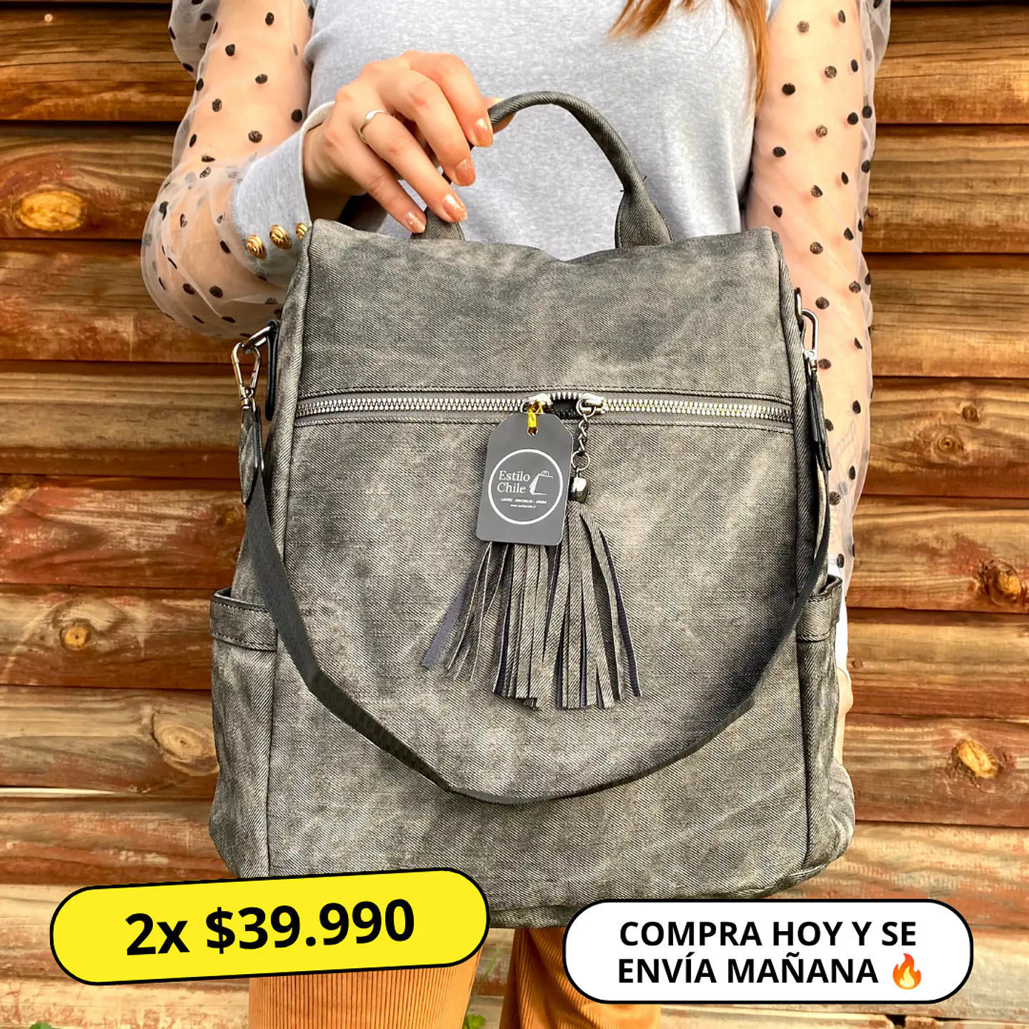Mochila y Cartera Antirrobo de Jeans Gris Mujer 1